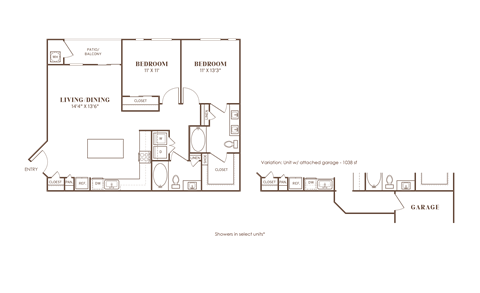 Floor plan for 2 beds, 2 baths, 1138 sqft